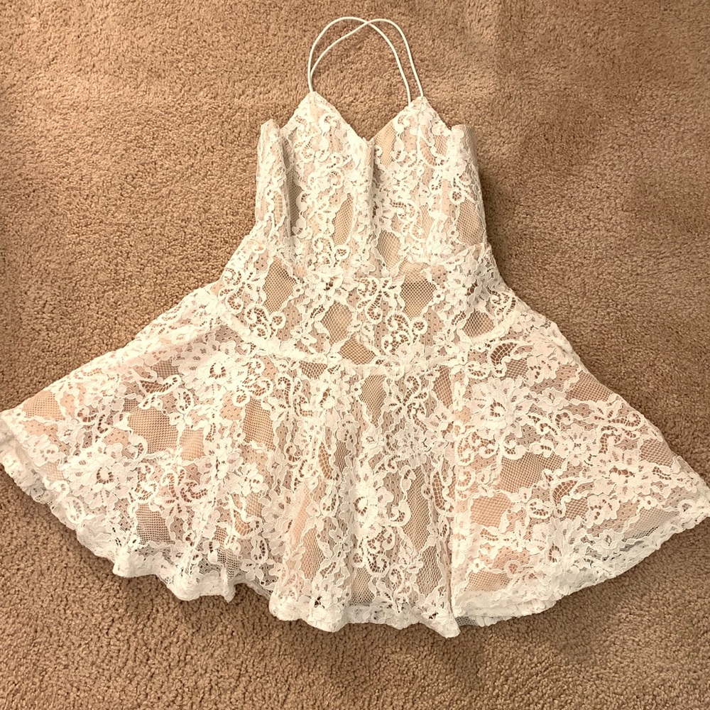 White Lace Cross Back Stripe V-Neck Mini Dress